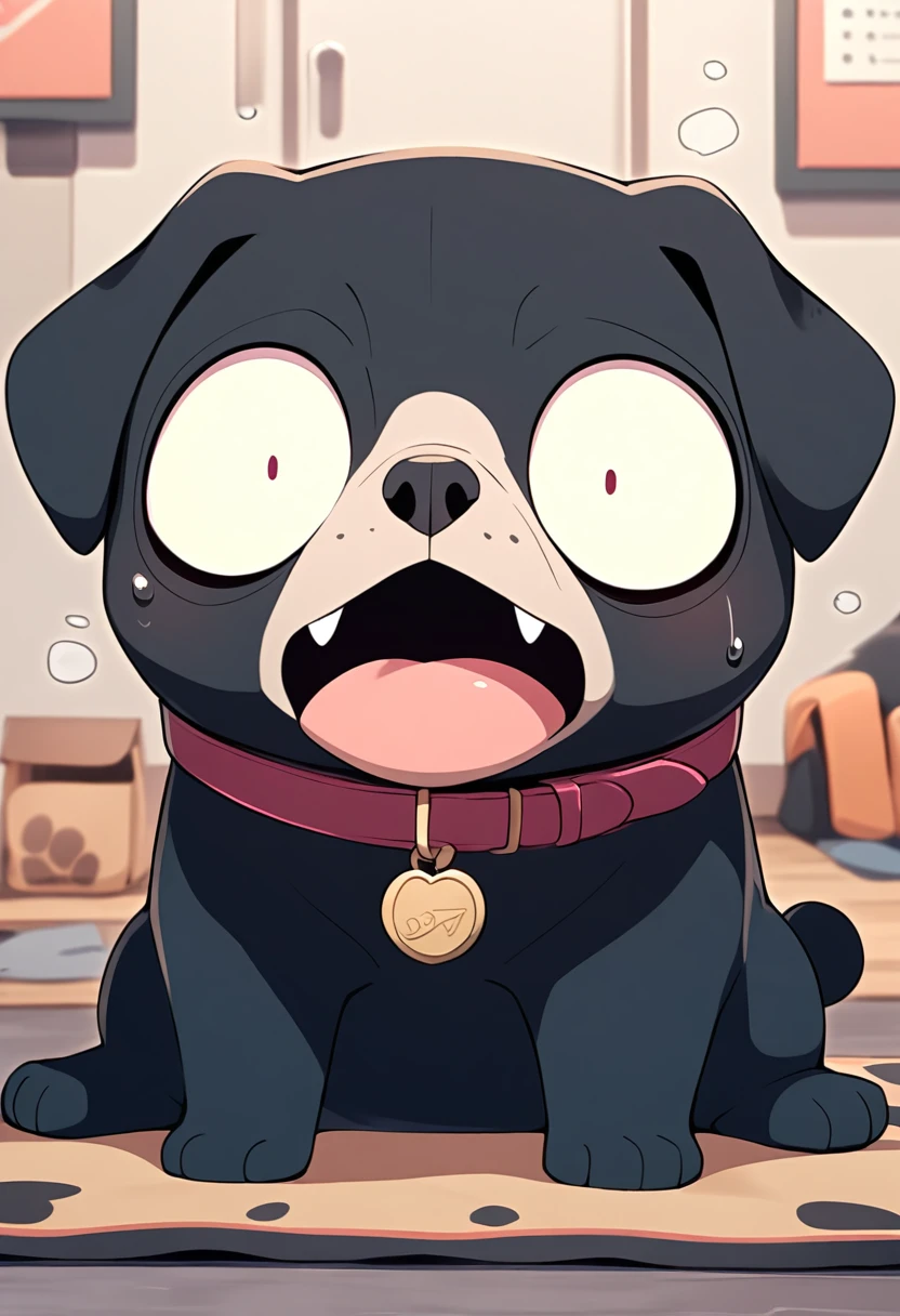A black-coated pug puppy、(((Frightened face:1.3)))、(Black hair only:1.3)、(No clothes:1.3)、pet Shop、(No collar)