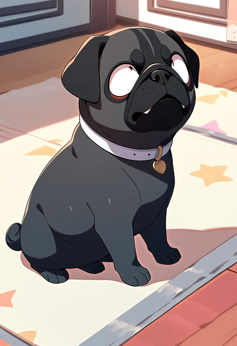 A black-coated pug puppy、（（（Frightened face:1.3）））、（Black hair only:1.3）、（No clothes:1.3）、pet Shop、（No collar）