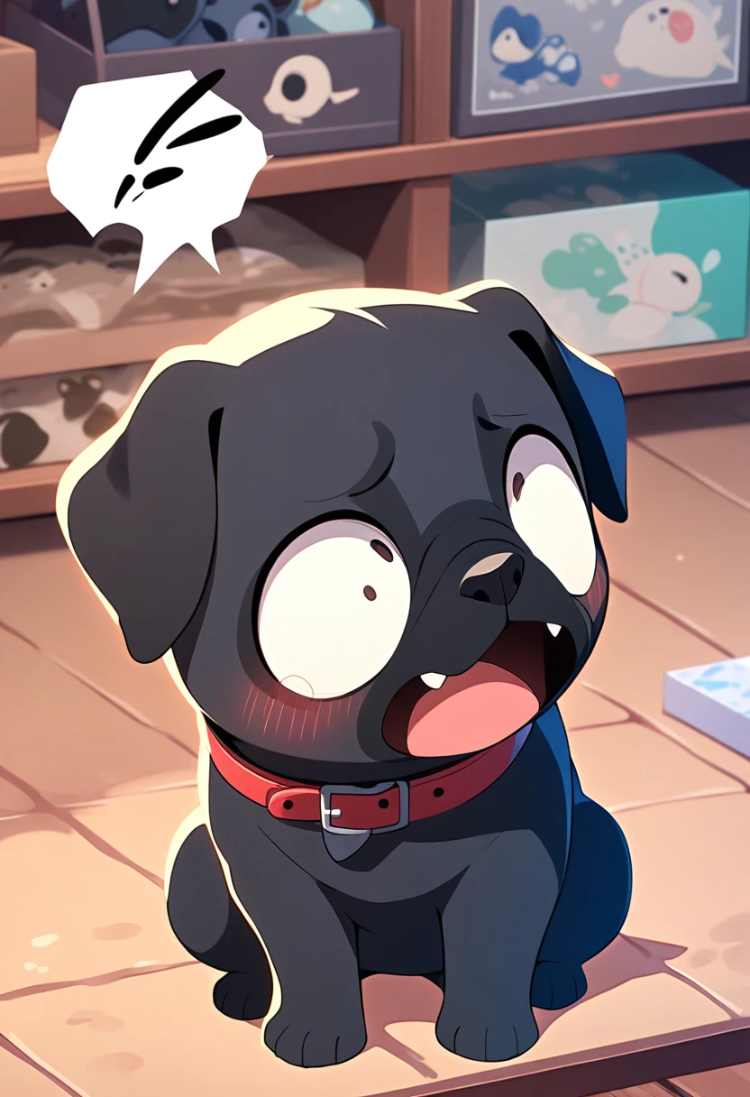 A black-coated pug puppy、（（（Frightened face:1.3）））、（Black hair only:1.3）、（No clothes:1.3）、pet Shop、（No collar）