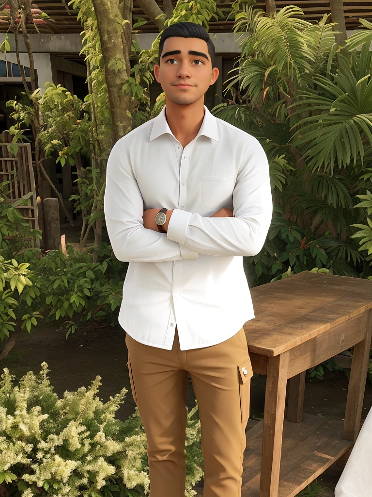 Man in Indonesian army uniform standing in front of a table, andres rios, wearing a white button up shirt, vestindo roupas brancas, victor maristane, caio santos, imagem de corpo inteiro, Cristiano Orrillo, david rios ferreira, vestindo camisa branca, vestindo uma camisa branca, em frente a um fundo de floresta, henry ascensio