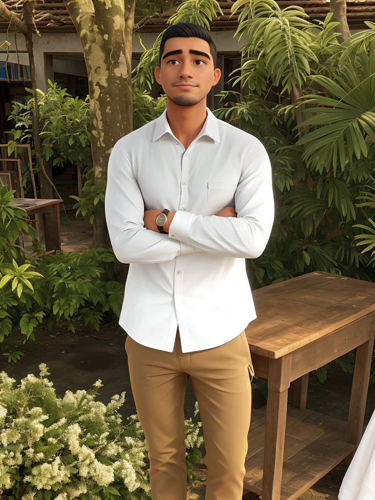 Man in Indonesian army uniform standing in front of a table, andres rios, wearing a white button up shirt, vestindo roupas brancas, victor maristane, caio santos, imagem de corpo inteiro, Cristiano Orrillo, david rios ferreira, vestindo camisa branca, vestindo uma camisa branca, em frente a um fundo de floresta, henry ascensio