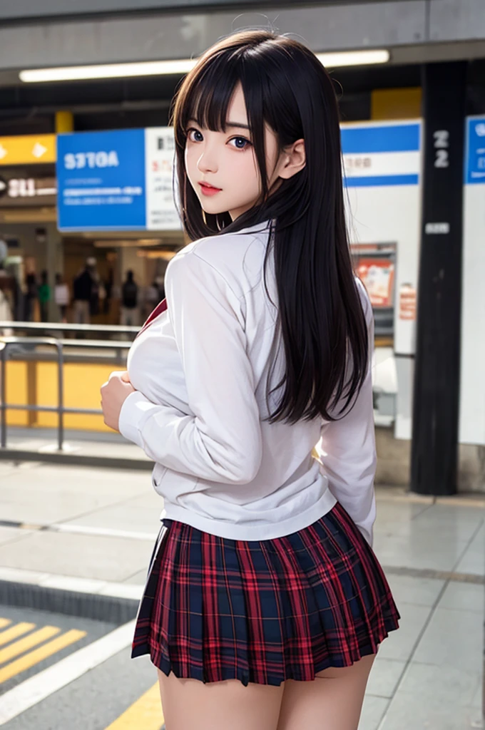 1girl,perky breasts,semi-long hair,deep black hair,straight hair,expressionless,looking back,mouth mask,perfect eyes,blue eyes,groomed eyebrows,
BREAK ,cardigan,tartan check skirt,frilled panties,upskirt,
BREAK from behind,dutch angle,outdoor,station,escalator,((depth of field,portrait)),
BREAK score_9,source_anime,rating_explicit,uncensored,