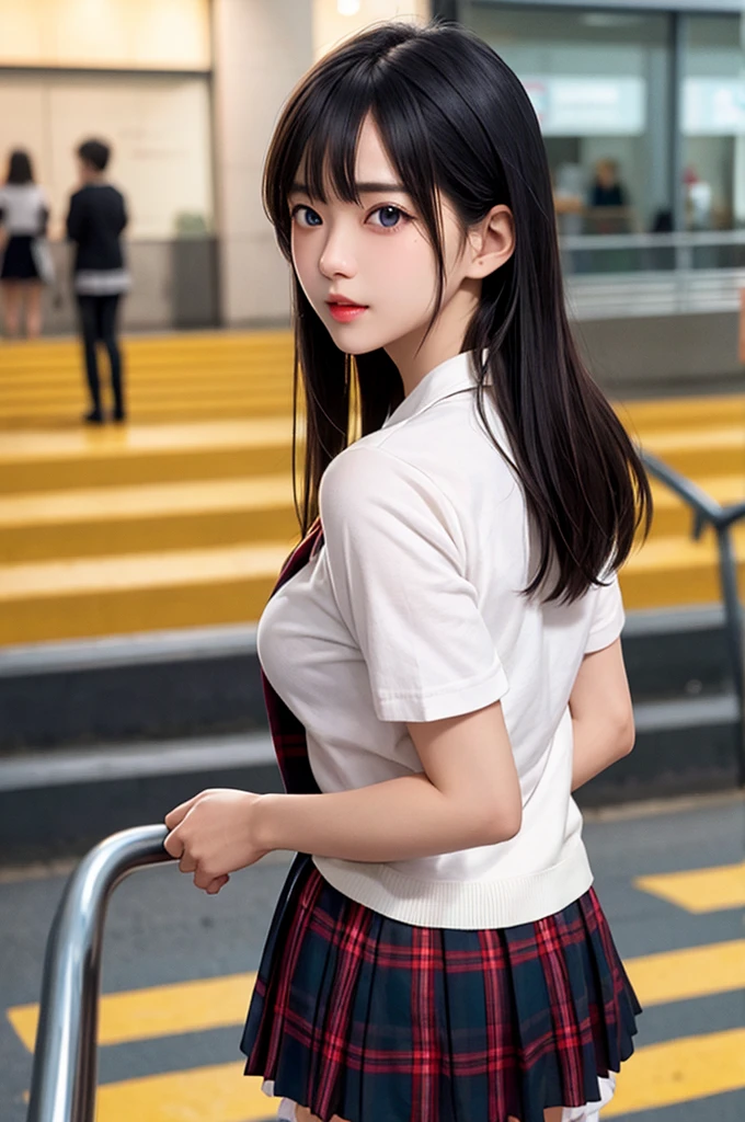 1girl,perky breasts,semi-long hair,deep black hair,straight hair,expressionless,looking back,mouth mask,perfect eyes,blue eyes,groomed eyebrows,
BREAK ,cardigan,tartan check skirt,frilled panties,upskirt,
BREAK from behind,dutch angle,outdoor,station,escalator,((depth of field,portrait)),
BREAK score_9,source_anime,rating_explicit,uncensored,