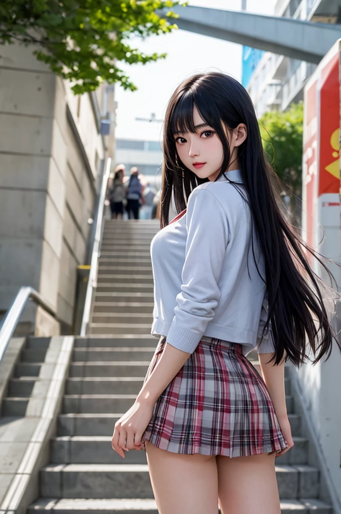 1girl,perky breasts,semi-long hair,deep black hair,straight hair,expressionless,looking back,mouth mask,perfect eyes,blue eyes,groomed eyebrows,
BREAK ,cardigan,tartan check skirt,frilled panties,upskirt,
BREAK from behind,dutch angle,outdoor,station,escalator,((depth of field,portrait)),
BREAK score_9,source_anime,rating_explicit,uncensored,