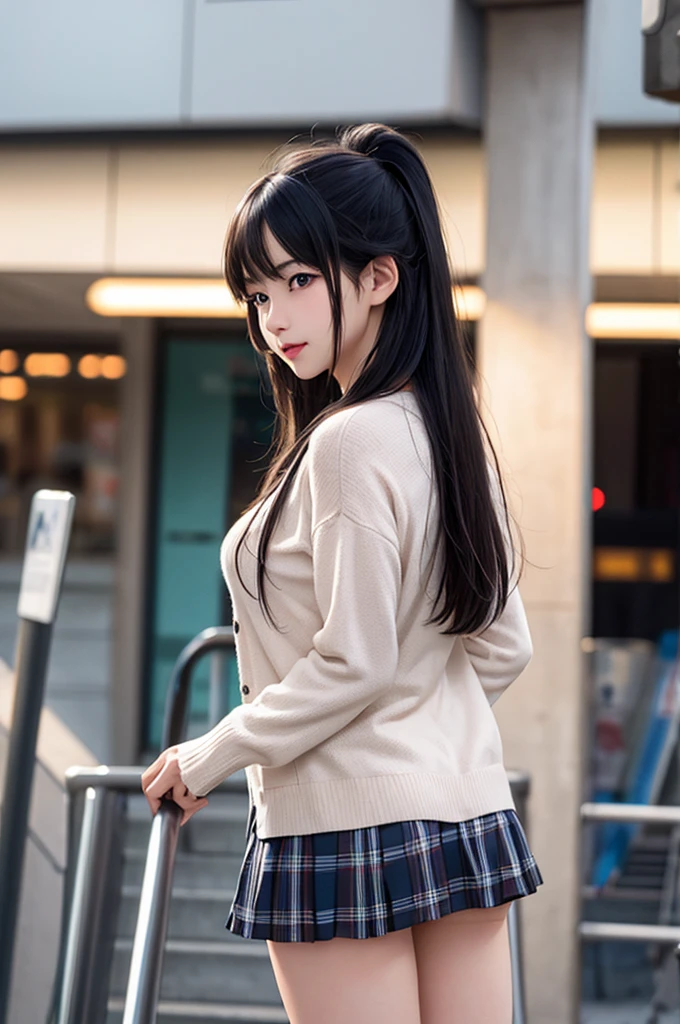 1girl,perky breasts,semi-long hair,deep black hair,straight hair,expressionless,looking back,mouth mask,perfect eyes,blue eyes,groomed eyebrows,
BREAK ,cardigan,tartan check skirt,frilled panties,upskirt,
BREAK from behind,dutch angle,outdoor,station,escalator,((depth of field,portrait)),
BREAK score_9,source_anime,rating_explicit,uncensored,