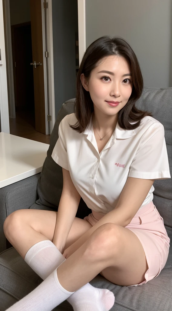A 25-year-old woman in a white nurse uniform sits with her legs open, exposing her panties. Nurse ÉO H15, Wearing short white socks, Wearing a
nurse uniform, Nurse, Nurse girl、Wearing
short white socks, Sitting wearing short white socks, Wearing a pink blouse,