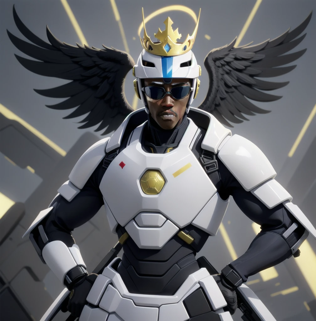 Wesley Snipes as Michael, the Right Hand of the Creator. Co-Leader of the Archangels, A crack squad of futuristic and highly technically advanced warriors. Ancient, but not old. Powerful, IN a white and black winged exo-mecha suit, tight fitting, open faced, with futuristic golden HALO-crown/helmet with visor
