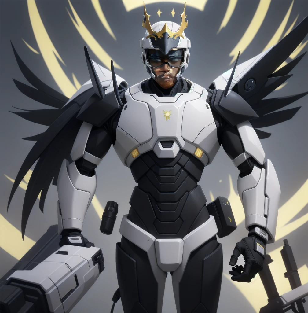 Wesley Snipes as Michael, the Right Hand of the Creator. Co-Leader of the Archangels, A crack squad of futuristic and highly technically advanced warriors. Ancient, but not old. Powerful, IN a white and black winged exo-mecha suit, tight fitting, open faced, with futuristic golden HALO-crown/helmet with visor
