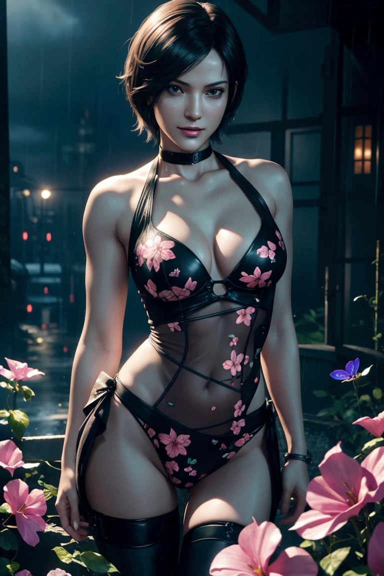 Resident Evil 6,Ada,Short Hair,Photorealistic,Ultra HD,high quality,masterpiece,Digital SLR,Detailed details,Intricate details,Anatomical basis,Depicted in detail,A detailed face,Realistic skin texture,Vivid details,Perfect Anatomy,Perfect Anatomy,Anatomically correct hand,Anatomically correct fingers,Super Detail,Complex 3D rendering,Sexy pose,Beautiful morning glory(flower),Rainy Sky,Beautiful scenery,Fantastic rainy sky,Picturesque,Pink Lips,smile,Fantastic butterflies々,