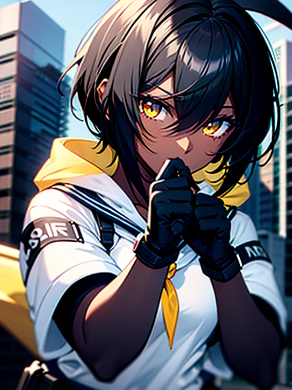 dark skin, short hair, yellow eyes, black hair, white blue sailor, beautiful girl, thin, black MMA glove