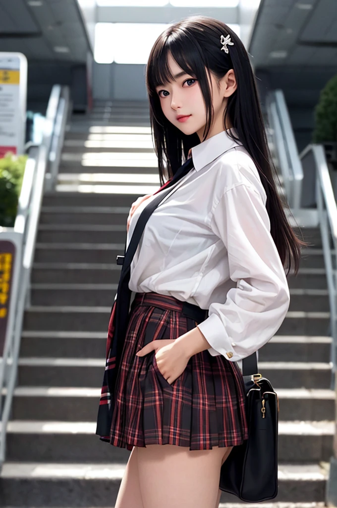 1girl,perky ,semi-long hair,deep black hair,straight hair,expressionless,looking back,mouth mask,perfect eyes,blue eyes,groomed eyebrows,
BREAK ,cardigan,tartan check skirt,frilled pantiest,
BREAKehind,dutch angle,outdoor,station,escalator,((depth of field,portrait)),
BREAK score_9,source_anime,rating_explicit,uncensored,