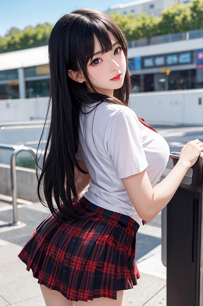 1girl,perky breasts,semi-long hair,deep black hair,straight hair,expressionless,looking back,mouth mask,perfect eyes,blue eyes,groomed eyebrows,
BREAK ,cardigan,tartan check skirt,frilled panties,upskirt,
BREAK from behind,dutch angle,outdoor,station,escalator,((depth of field,portrait)),
BREAK score_9,source_anime,rating_explicit,uncensored,