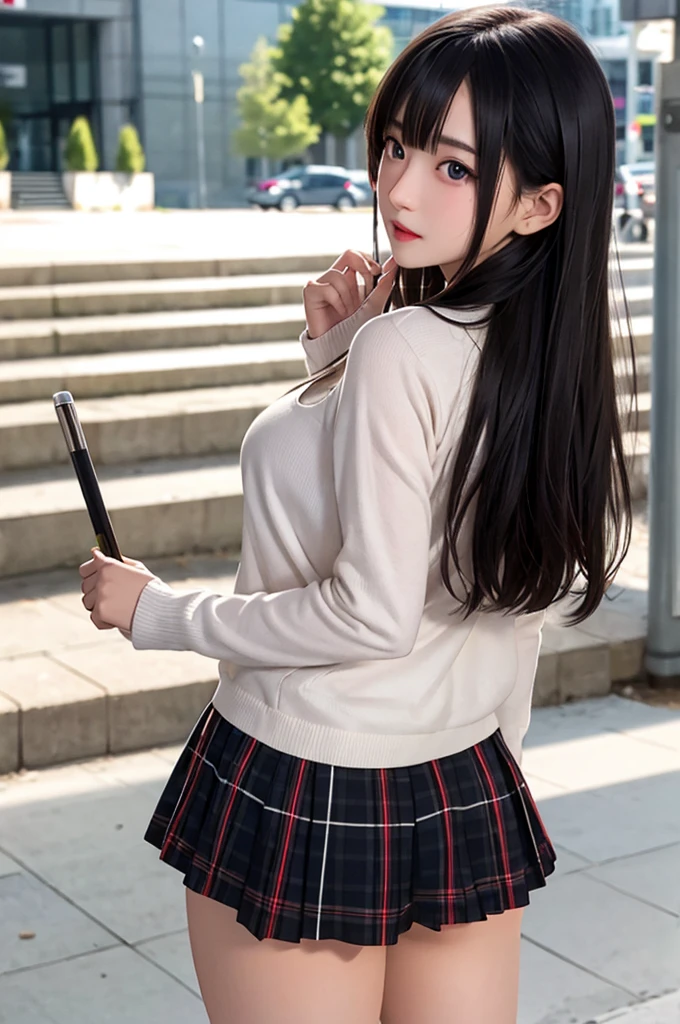 1girl,perky ,semi-long hair,deep black hair,straight hair,expressionless,looking back,mouth mask,perfect eyes,blue eyes,groomed eyebrows,
BREAK ,cardigan,tartan check skirt,frilled pantiest,
BREAKehind,dutch angle,outdoor,station,escalator,((depth of field,portrait)),
BREAK score_9,source_anime,rating_explicit,uncensored,