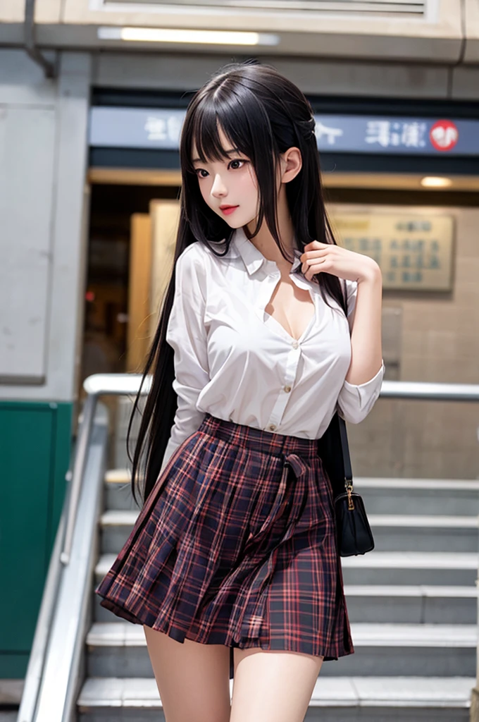 1girl,perky breasts,semi-long hair,deep black hair,straight hair,expressionless,looking back,mouth mask,perfect eyes,blue eyes,groomed eyebrows,
BREAK ,cardigan,tartan check skirt,frilled panties,upskirt,
BREAK from behind,dutch angle,outdoor,station,escalator,((depth of field,portrait)),
BREAK score_9,source_anime,rating_explicit,uncensored,