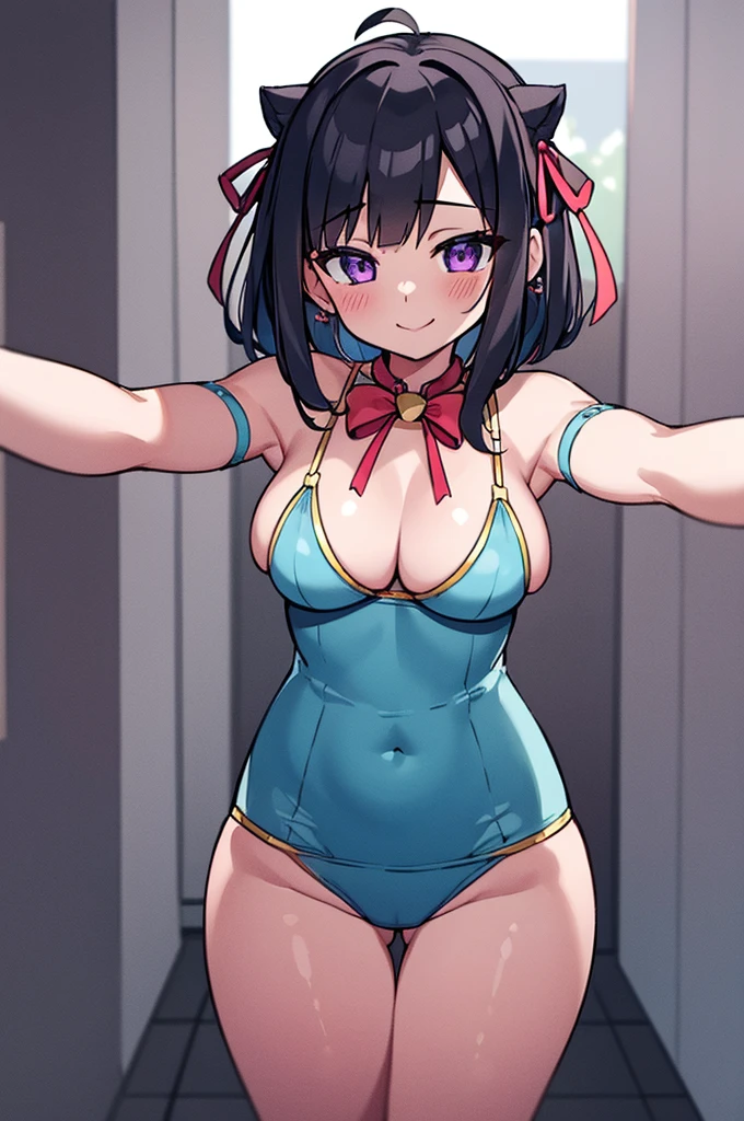1girls ambiguous pov anthro swall breasts blush cleavage ear ribbon female female only heart swall breasts looking at viewer neck bell outstretched arms pov ribbon shorts smiling smiling at viewer solo spiral eyes talking to viewer thick thighs topwear