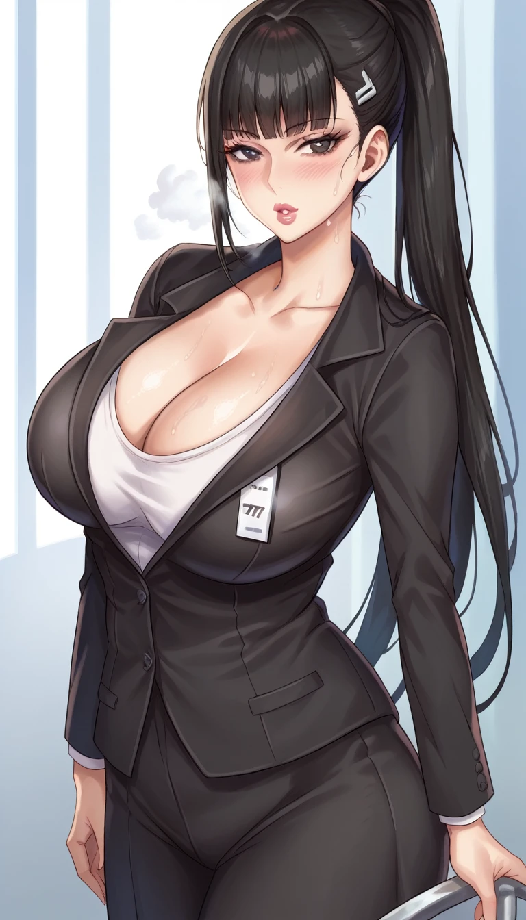 score_9, score_8_up, score_7_up, (thick lips), 1girl, TsukatsukiRio, (black ponytail hair, detailed black eyes), sweaty, horny face, sultry look, blushing, steam, huge breasts, black suit, tight white shirt, unbuttoned shirt, collarbone, cleavage, coat, cowboy shot, posing, office