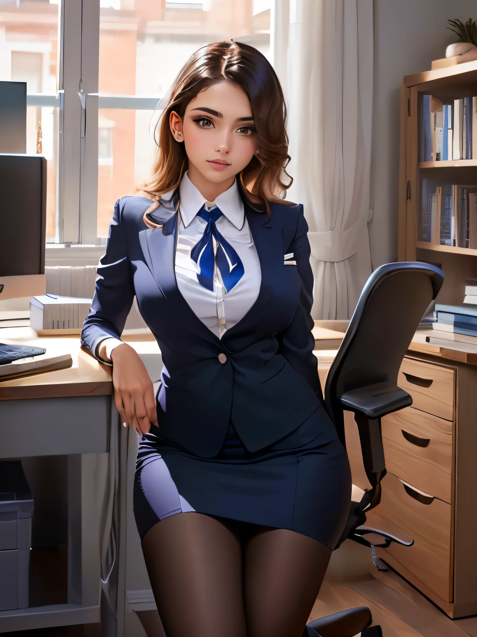 Mujer con traje de negocios parada frente a una computadora., colegiala realista, vistiendo un traje de negocios estricto, hypercolegiala realista, mujer seductora, un hiperrealista , hermosa y seductora mujer, en un traje estricto, en traje estricto, epic and elegant portrait, (SFW) Seguro para el trabajo, ropa de oficina
