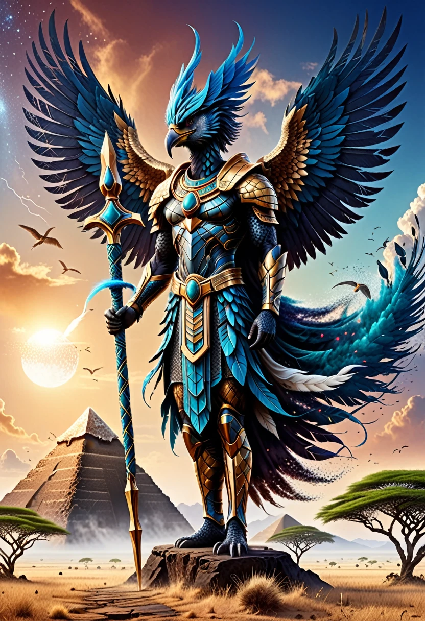 A stunningly realistic, 8K high-resolution book cover for the dramatic science fiction novel, at the top of the image the main title in text says, ('GODS OF THE SERENGETI'), and the subtitle, ('FEATHERED DAWN: ORIGINS'), with correct letters and spelling, typography, are prominently displayed in bold, elegant font. The cover showcases an awe-inspiring human-avian bird deity, with African genetic and phenotypic features and a regal presence. He stands tall, holding a futuristic Ankh staff with elaborate feathered wings and donning high-tech, sci-fi armor adorned with intricate patterns. The background reveals a fantastical landscape with floating pyramids, vibrant skies, and distant mountains. The color palette is natural and rich, creating a mystical and epic atmosphere. The author's name is on the bottom of the image, the text reads, ('TERRANCE JAMES')., illustration, typography, product, dark fantasy