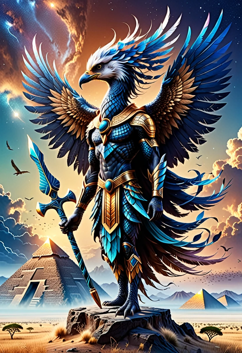 A stunningly realistic, 8K high-resolution book cover for the dramatic science fiction novel, at the top of the image the main title in text says, ('GODS OF THE SERENGETI'), and the subtitle, ('FEATHERED DAWN: ORIGINS'), with correct letters and spelling, typography, are prominently displayed in bold, elegant font. The cover showcases an awe-inspiring human-avian bird deity, with African genetic and phenotypic features and a regal presence. He stands tall, holding a futuristic Ankh staff with elaborate feathered wings and donning high-tech, sci-fi armor adorned with intricate patterns. The background reveals a fantastical landscape with floating pyramids, vibrant skies, and distant mountains. The color palette is natural and rich, creating a mystical and epic atmosphere. The author's name is on the bottom of the image, the text reads, ('TERRANCE JAMES')., illustration, typography, product, dark fantasy