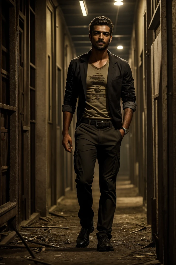 Scientist Male, 24 years old, formal, playera de punto, cuello de tortuga, pantalones oscuros,moreno, botas negras, super high resolution, apocalipsis zombie, scientist vata, delgado. ((mejor calidad)) ((detallado)) ((obre maestra))