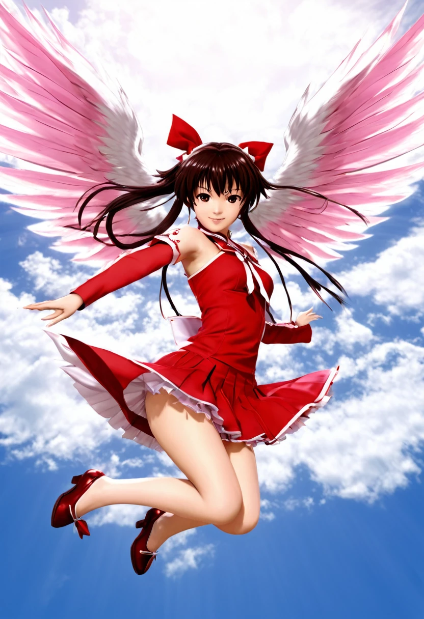 Anime girl with long hair and wings flying through the air, artistic render of Reimu Hakurei, Reimu Hakurei, From desire, iwakura lain, Rin Tohsaka, hanayamata, madoka kaname, Fan art, magical girl anime mahou shojo, By Ren, Oriental Project, Digital anime art!!