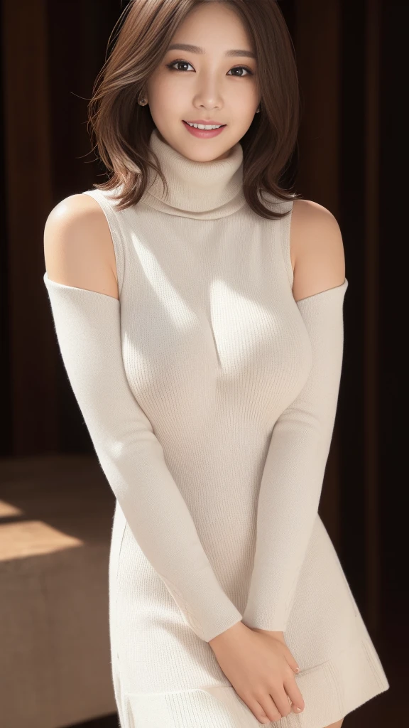 The man behind woman,touches woman's chest、Side shot、Light background、Japanese woman wearing a white turtleneck sleeveless sweater、 (((Hold your chest with your elbowasterpiece))), ((highest quality)), ((intricate details)), (((black long hair)), absurd solution, law of near and far, very detailed, realistic, 1 girl, ((big breasts)), perfect hands, finger details, beautiful and fine eyes, short hair, brown eyes,(turtleneck:1.2), Tight Skirt, detailed background, choker, perfect eyes, enchanting eyes,, from the front、laughter、Mole around the mouth、whiteknit dress