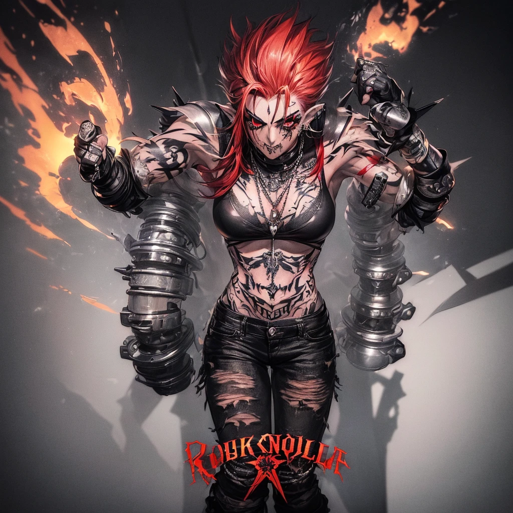 Mulheres, (((Rockeira))), (((lip piercing))), (((Large flare on lobes))), Roupa cyberpunk na cor preto e branco, Jaqueta de couro, (((Cabelo azul no estilo emo scene ???))), medium breasts, pulseira com spikes, brass knuckles necklace, (((black background wall with the writing SENTIINEL in capital letters in red and letters similar to the cover of a metal band)))), ((Torn pants)), ((((tattoos on arms and face))))