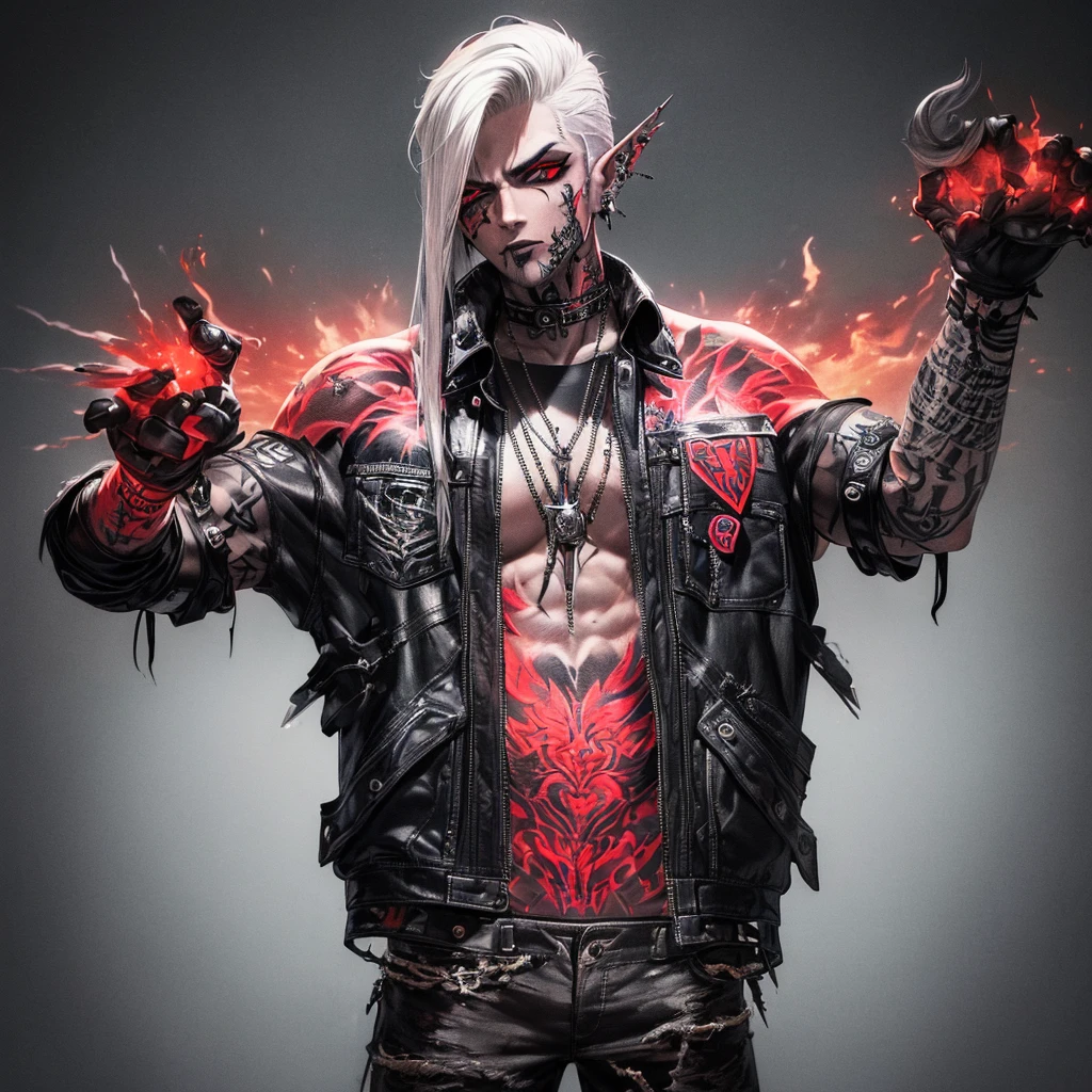 Mulheres, (((Rockeira))), (((lip piercing))), (((Large flare on lobes))), Roupa cyberpunk na cor preto e branco, Jaqueta de couro, (((Cabelo azul no estilo emo scene ???))), medium breasts, pulseira com spikes, brass knuckles necklace, (((black background wall with the writing SENTIINEL in capital letters in red and letters similar to the cover of a metal band)))), ((Torn pants)), ((((tattoos on arms and face))))