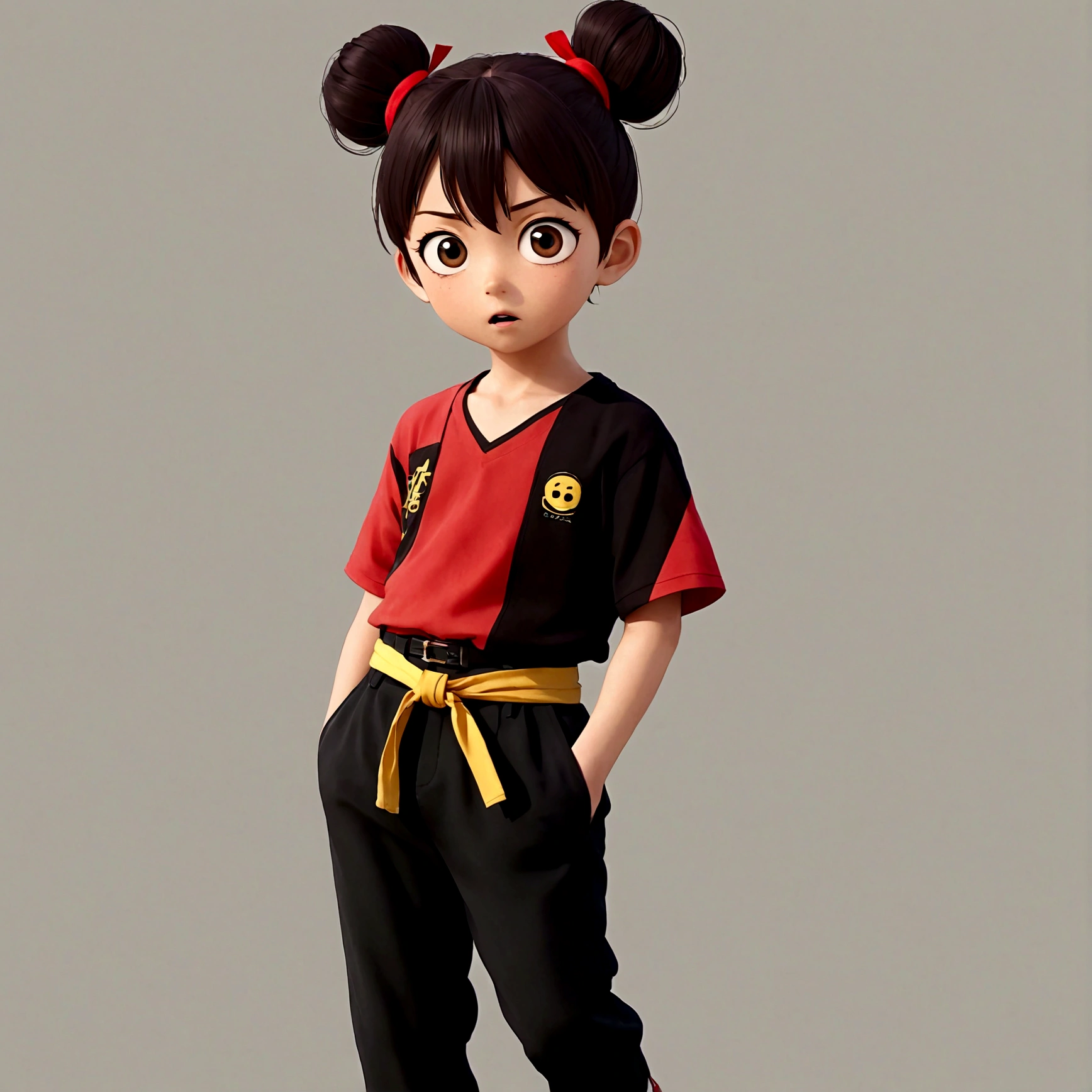 1boy,Double bun,Red hair band,Red shirt,belt,Black pants,barefoot,solo,Anime style