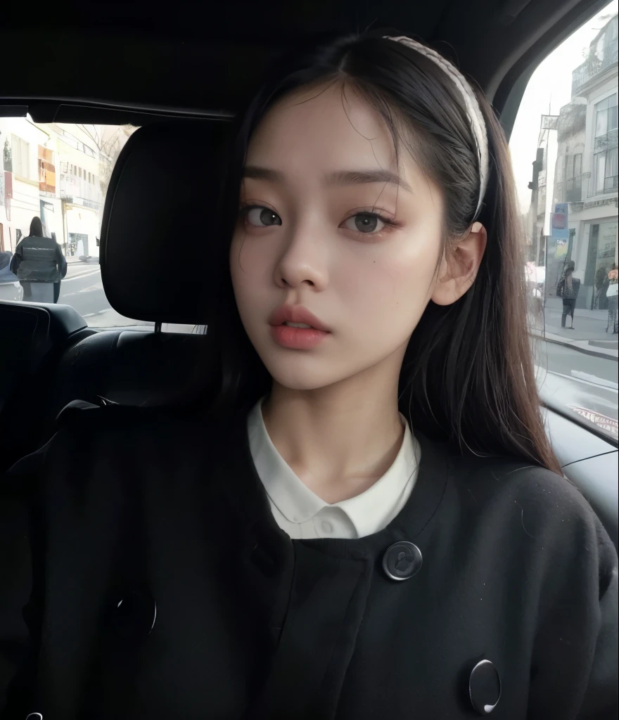 Mujer arafed en un coche con un abrigo ????? y una camisa blanca., Jennie rosa negra, heonhwa choe, jinyoung shin, joven y adorable rostro coreano, kim JENNIE, JENNIE DO BLACKPINK