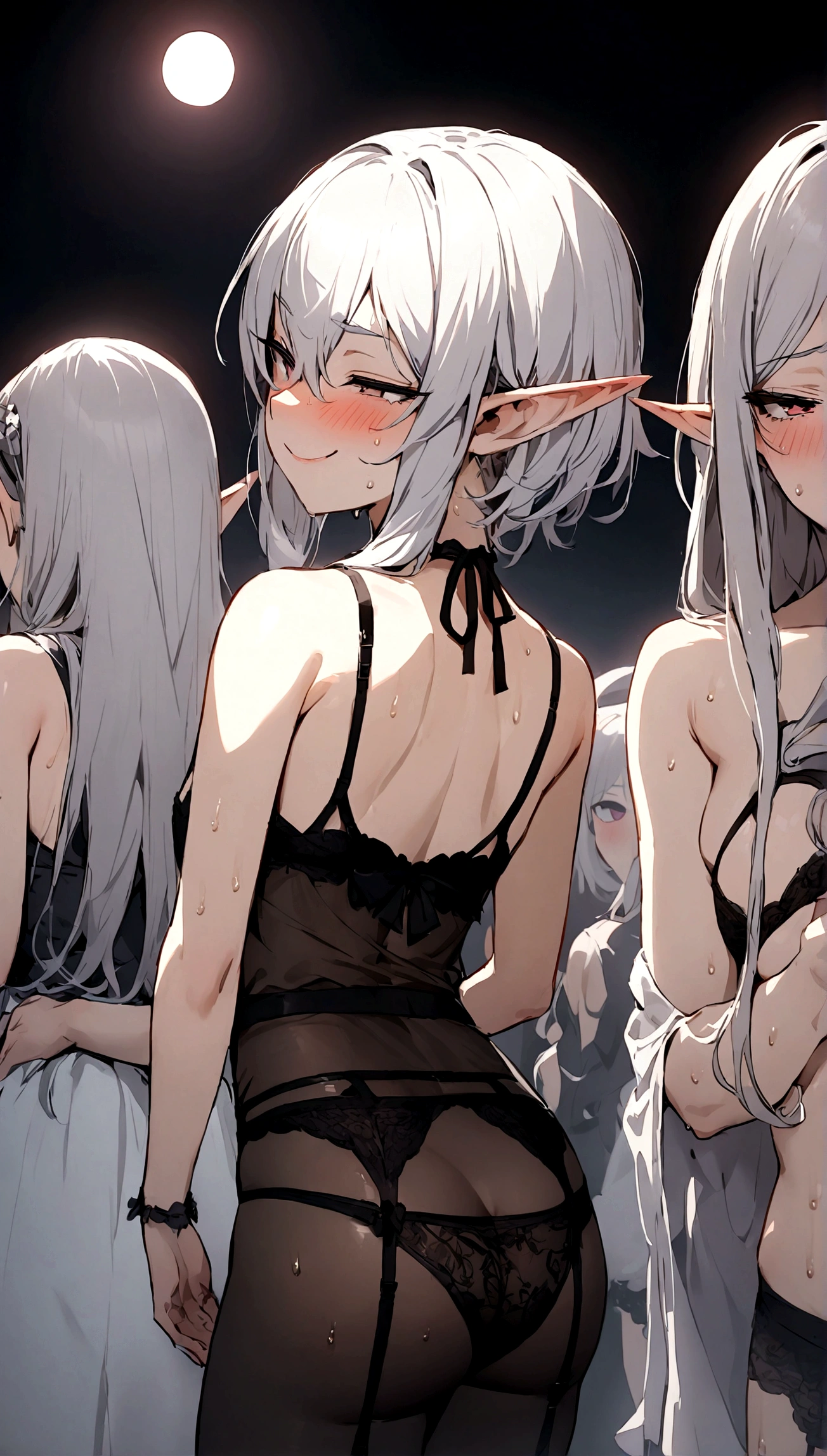 (Masterpiece:1.2), (best quality:1.0), 
(beautiful, lovely, adorable elf woman:1.2), (Beautiful elf woman photographed from behind:1.2), (Tall elf woman:1.2), (Strip show:1.0), 
(see-through white Lingerie slip:1.0), (black lace bra,  and garter belt transparent under slip:1.1),
(Nasty smile:1.0), (mean smile:1.2), (steam:1.0), (blush:1.0), (half closed eye:1.0), (sanpaku:1.0), (slit eyes:1.0), (eyes are smiling:1.0), (smiling or laughing eyes:1.0), (sweaty:1.0),
(Lesbianvent:1.2), (Lesbian audieneat:1.5), (Dark live stage:1.0), (Pale pink spotlight:1.0),