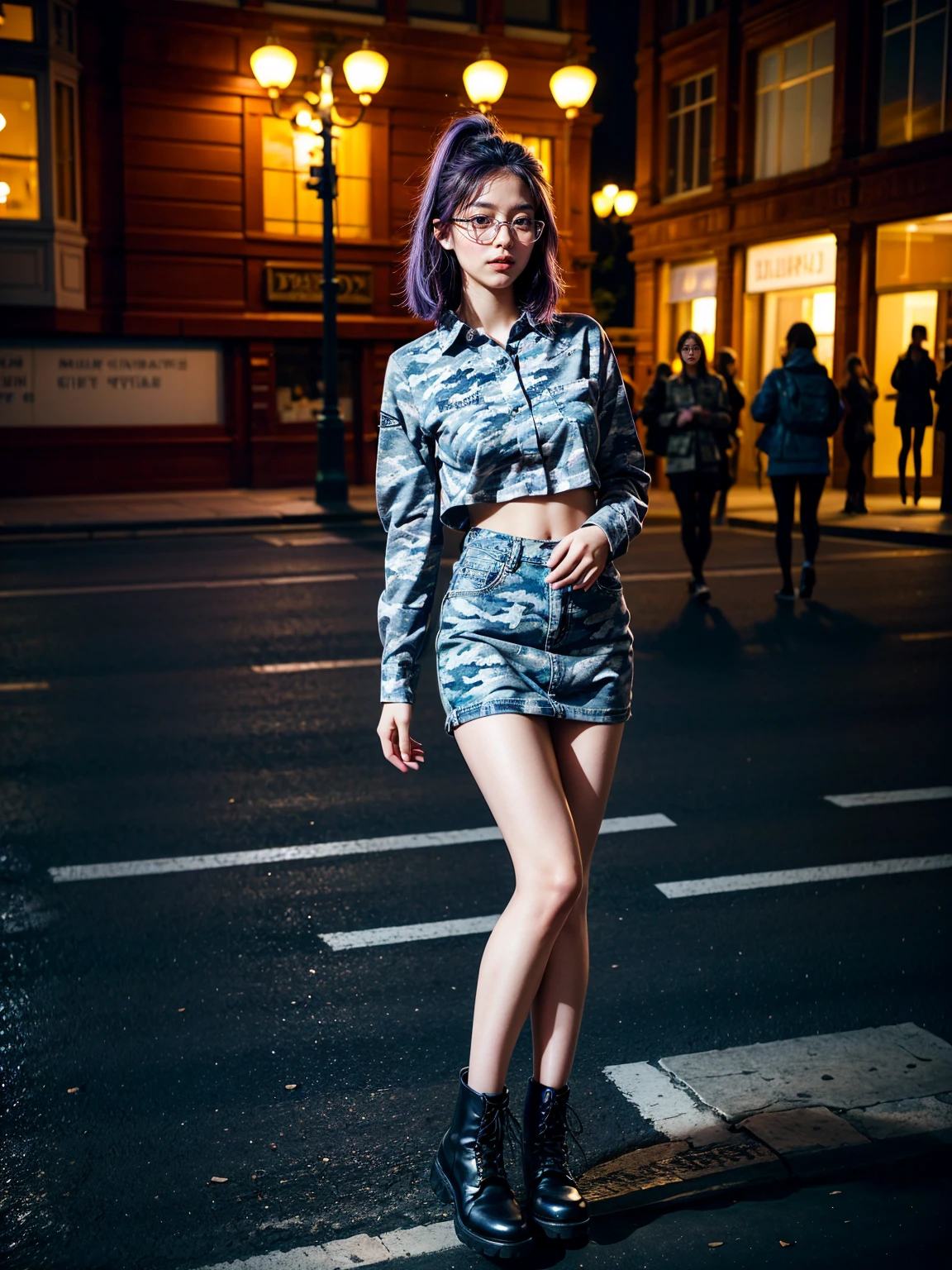 (1 lady), (Best quality at best:1.4), (ultra - detailed), (extremely detailed CG unified 16k), A Beautiful Woman with Perfect Figure: 1.4, Sharp Focus: 1.2, purple hair, very detailed, High-definition RAW color photo, professional photoshooting, amazing face and eyes, cosmetics, (standing), (amazingly beautiful girl), ((kotomi)), (exact clothes: (gray camo pattern shirt, long sleeves), (azure tight skirt jean-type), formal, teacher outfit, glasses, (black combat boots with blue laces)), (looking cute, immerse in her own thoughts expression), (City park, extremely detailed background, realistic background, first date vibes), (frontal photo), realistic cinematic face, (head to feet long wide zoomed out view, full body long view, head to shoes), photorealistic, ((realistic natural purple hair style, purple eyes)), gorgeous, extremely beautiful face, pretty face, delicate girl, (attractive body, fit woman, big girl, athletic body, strong female), perfect model beauty, pout mouth, Highly Detailed Face and Skin Texture, Detailed Eyes, Double Eyelids, Medium size breasts, shy but motivated expression, (masterpiece), best quality, high resolution, extremely detailed, cinematic lighting, amazing legs, clear and well-cared skin, (milky pale skin, white skin like milk), official dior editorial, trending on pinterest, dreamy, aesthetic, ((style raw)), (head to toe photo)