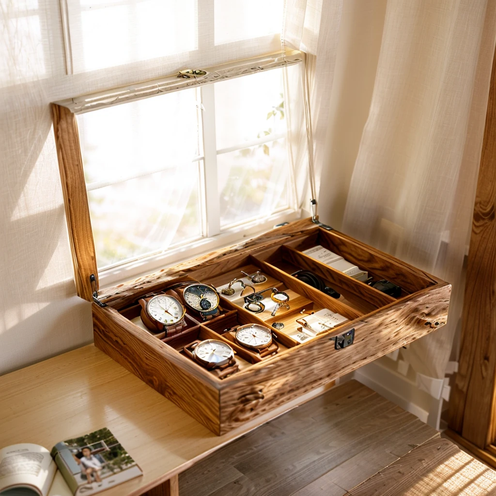 In this cozy room,A ray of sunlight shone through the half-drawn curtains on the table,Let the wood grain on the watch storage box shine with a faint luster。There was a calm and peaceful atmosphere in the air around them。There are several still lifes hanging on the walls of the room,It adds a touch of elegance to the space。And on the other side of the room,The half-open window lets in the breeze,The pages on the small desk by the window turned in the wind,This quiet scene gives a sense of tranquility and comfort。