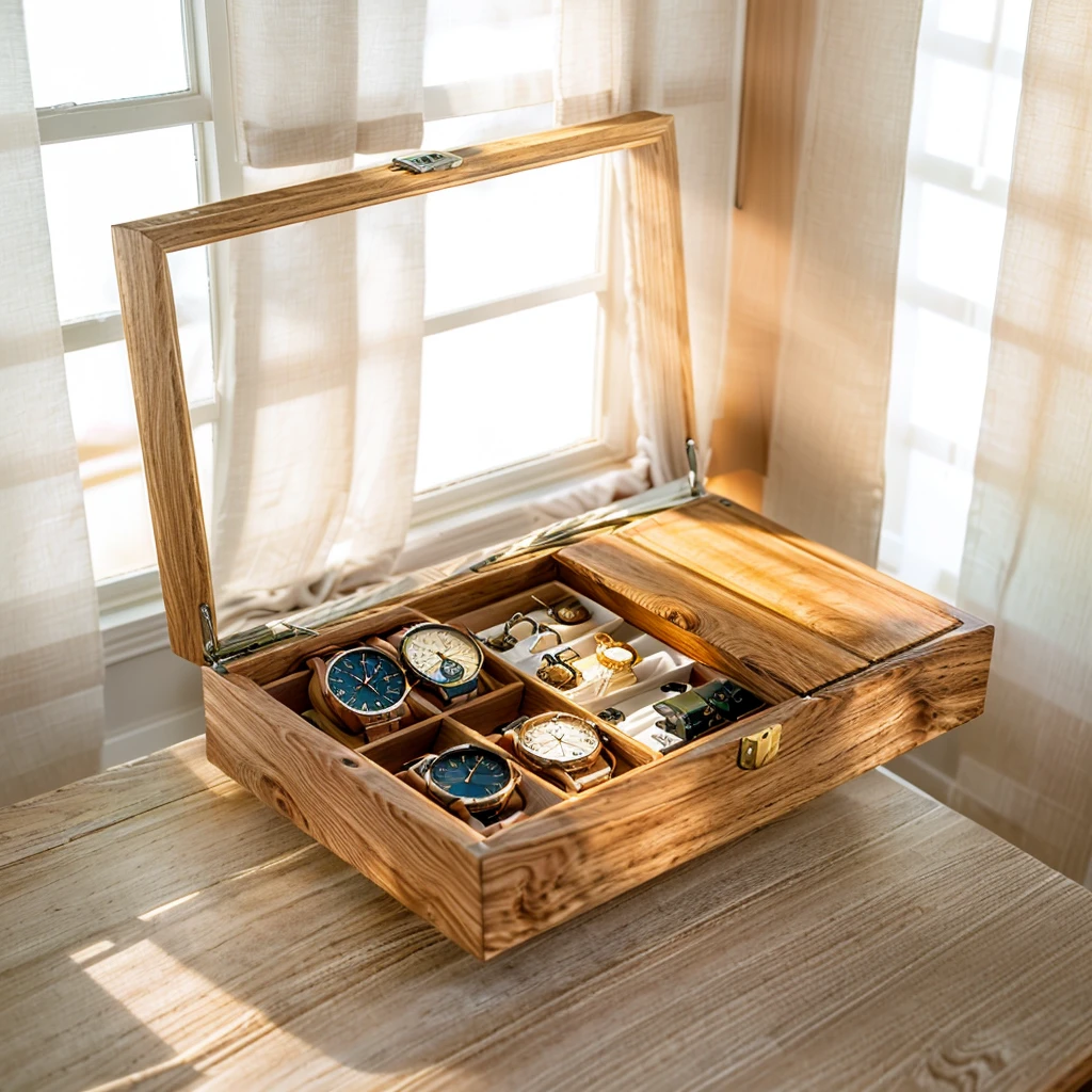 In this cozy room,A ray of sunlight shone through the half-drawn curtains on the table,Let the wood grain on the watch storage box shine with a faint luster。There was a calm and peaceful atmosphere in the air around them。There are several still lifes hanging on the walls of the room,It adds a touch of elegance to the space。And on the other side of the room,The half-open window lets in the breeze,The pages on the small desk by the window turned in the wind,This quiet scene gives a sense of tranquility and comfort。