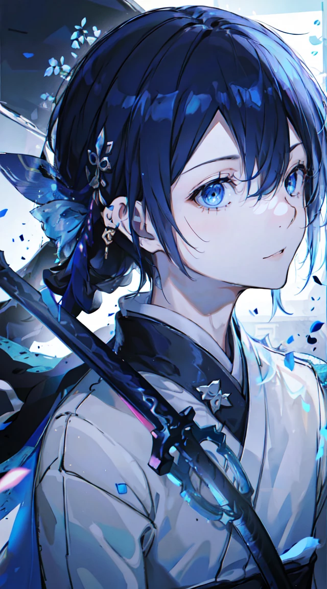 detailed eyes, detailed eye, detailed face, ultra high definition, retina, precise, anatomically correct, textured skin, Super details, Award-winning, high resolution, Best aesthetics, 超high resolution, clearly, ultra detailed, best quality, high quality, super quality, 16k, high detail, high resolution, detailed, masterpiece, beautiful, detailed skin, Yao Zhui, （whole body）, （1 boy）, blue hair, blue eyes, sleepy eyes, double eyelids, White sword, blue kimono