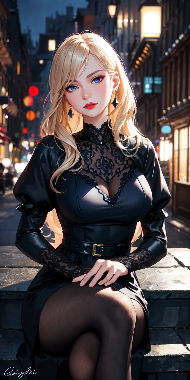 European and American woman,seated gracefully,open leg,captivating blue eyes,wearing red lipstick,blonde hair in soft waves,dressed in a tailored black outfit,adorned with black lace stockings and sophisticated high heels,elegant silver jewelry completing the look,positioned on a vintage wrought-iron bench,amidst the charm of a dimly lit cobblestone pathway,the ambiance of a quiet urban evening enveloping her,a tasteful close-up capturing her serene expression under the subtle city lights,the scene exuding a blend of classic elegance and contemporary allure,full body shot:1.12,Detailed face,detailed eyes,detailed nose,detailed mouth,((UHD,masterpiece,super detail,award winning:1.4,best quality:1.2,highres,high quality)),
