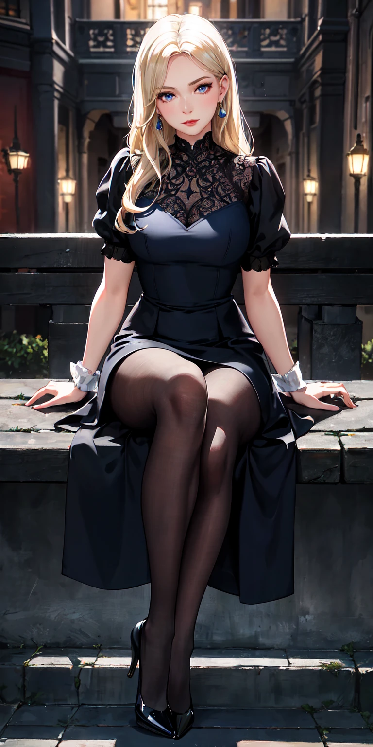 European and American woman,seated gracefully,open leg,captivating blue eyes,wearing red lipstick,blonde hair in soft waves,dressed in a tailored black outfit,adorned with black lace stockings and sophisticated high heels,elegant silver jewelry completing the look,positioned on a vintage wrought-iron bench,amidst the charm of a dimly lit cobblestone pathway,the ambiance of a quiet urban evening enveloping her,a tasteful close-up capturing her serene expression under the subtle city lights,the scene exuding a blend of classic elegance and contemporary allure,full body shot:1.12,Detailed face,detailed eyes,detailed nose,detailed mouth,((UHD,masterpiece,super detail,award winning:1.4,best quality:1.2,highres,high quality)),