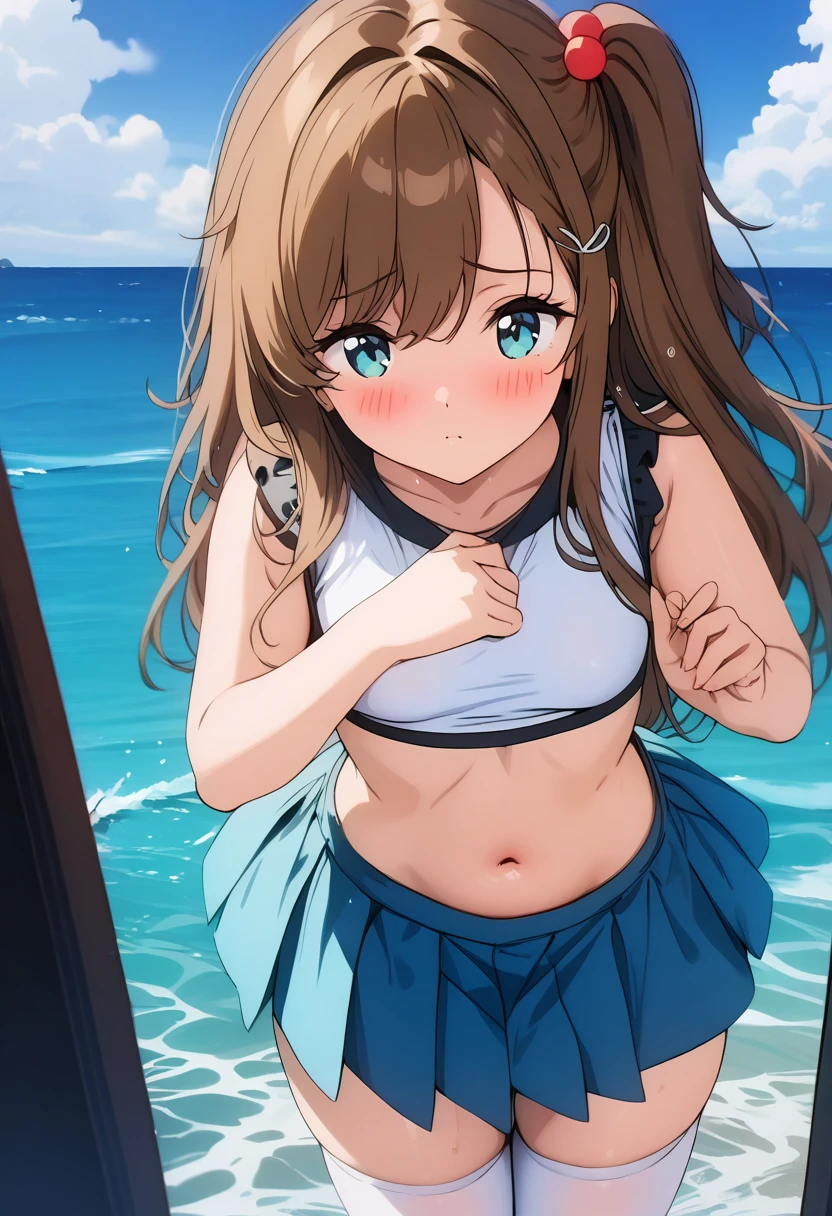 a beautiful girl with blue eyes and brown hair, one side of her hair is up with hair bobbles, she has long hair and a hair ornament, she is wearing a tight tiny yellow sleeveless shirt and a blue pleated short mini skirt, (best quality,4k,8k,highres,masterpiece:1.2),ultra-detailed,navel.blue water background,blush,white stockings,visible whtie panty,pinch skirt