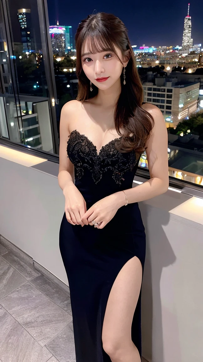 A stunning woman with elegant features, dressed in a sophisticated evening gown, standing on a balcony overlooking a city skyline at night. The lights of the city create a sparkling backdrop.