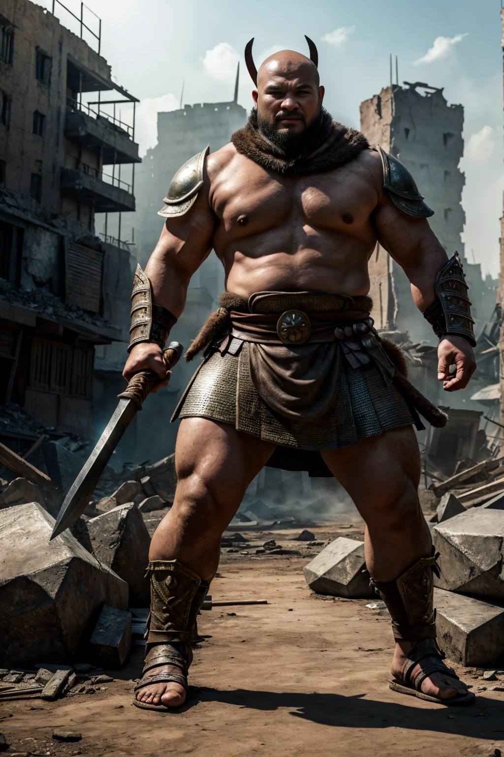 looking at us, shoot from front, face focus, Bandit, Fat ferocious barbarian:2, This barbarian is a robust stocky Japanese, smirking, mid combat, intense battle scene, leather and iron armor, armored short skirt, holding a Viking War Axes, legs exposed from thighs to feet, fierce warriors, ancient battlefields, epic showdown, battleground background, masterpiece, volumetric lighting, Dramatic, Uighur the Warden, breathtaking action, dynamic poses, bald, ((ultra sharp)), ((masterpiece)), ((best quality)), ((ultra detailed)), ((intricate details)), Inguinal region detailed, Dilapidated, breathtaking action, destroyed city after big air raids, A desolate, post-apocalyptic cityscape, A brutal scene, casting an ominous shadow,