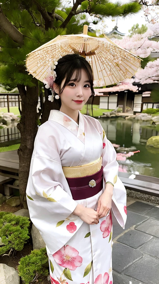 A graceful woman in traditional Japanese kimono, standing in a serene Japanese garden with cherry blossoms in full bloom. She holds a delicate parasol and exudes elegance
