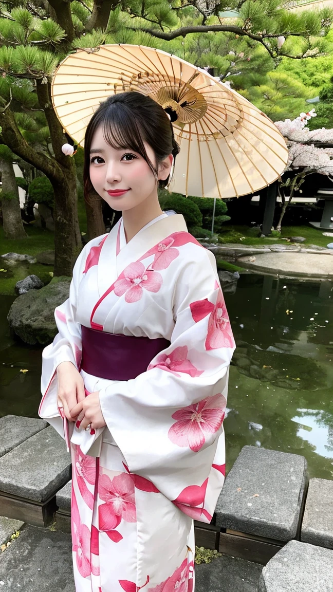 A graceful woman in traditional Japanese kimono, standing in a serene Japanese garden with cherry blossoms in full bloom. She holds a delicate parasol and exudes elegance