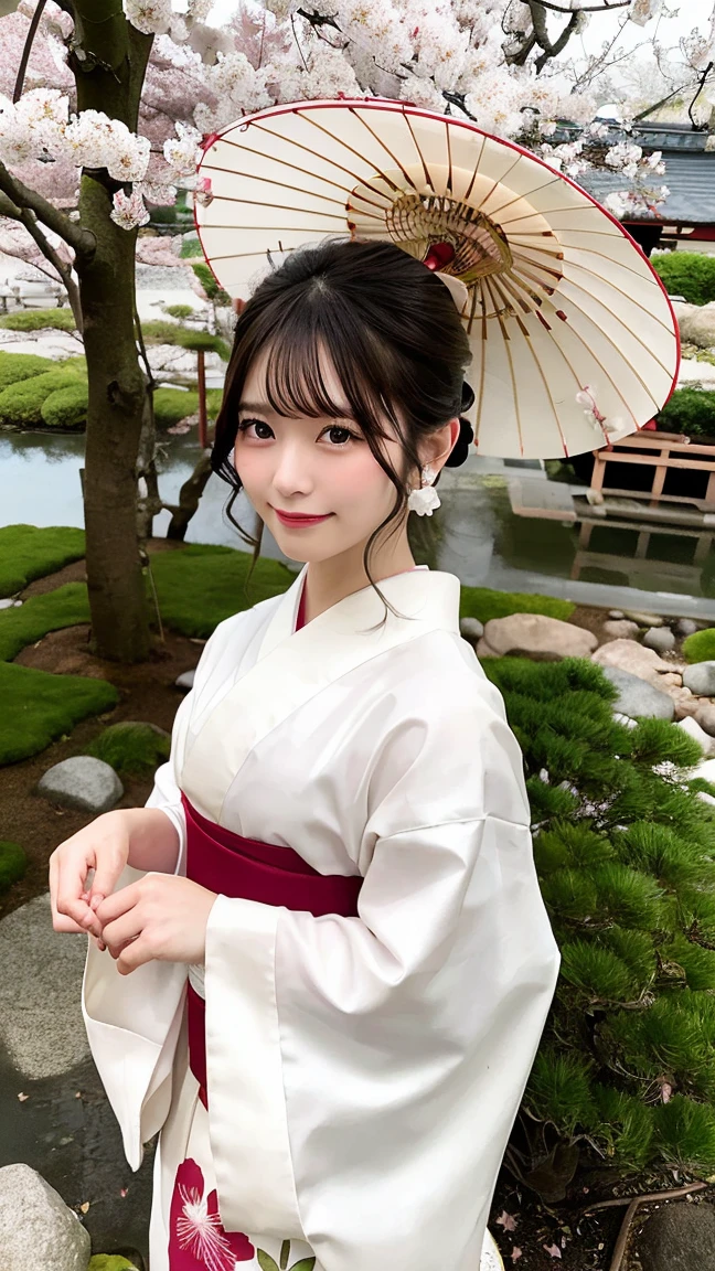 A graceful woman in traditional Japanese kimono, standing in a serene Japanese garden with cherry blossoms in full bloom. She holds a delicate parasol and exudes elegance