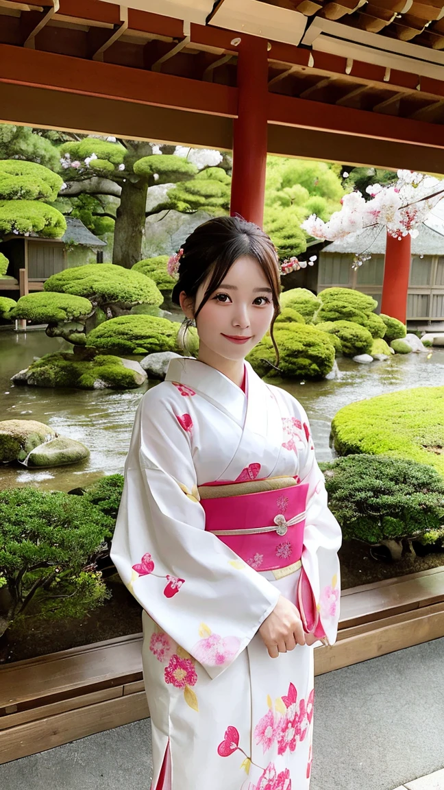 A graceful woman in traditional Japanese kimono, standing in a serene Japanese garden with cherry blossoms in full bloom. She holds a delicate parasol and exudes elegance