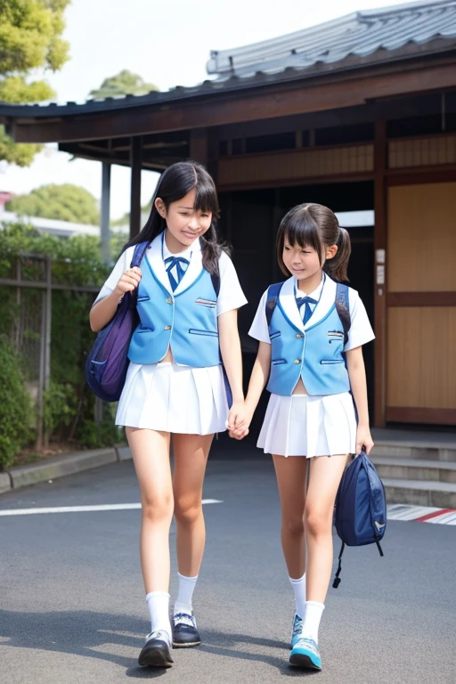 Two 12-year-old Japanese elementary school girls, 135 cm tall and large-breasted, are walking to school wearing baby blue micro bikinis and carrying school bags.