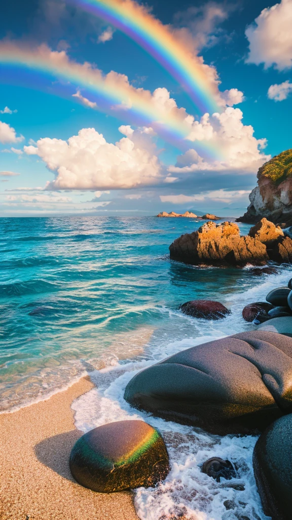 there is a rainbow in the sky over a beach with rocks and pebbles, an illustration of by Igor Grabar, trending on shutterstock, fine art, seashore, magical beach, sunny rainbow galaxy stormy sea, colorful hd picure, near the seashore, rainbow reflections, just one rainbow 8 k, beach landscape, still of rainbow ophanim, calm vivid colors
