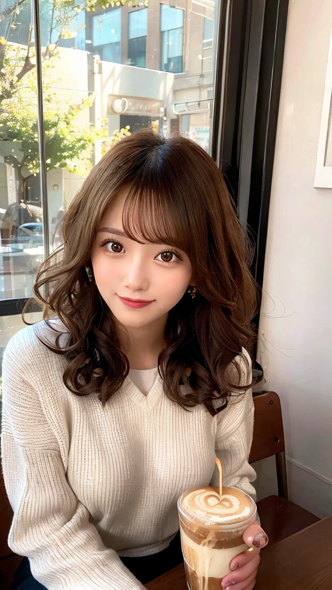 A beautiful woman with natural, curly hair, sitting in a cozy coffee shop by the window. She is sipping a cup of coffee, with sunlight streaming in and creating a warm, inviting atmosphere.