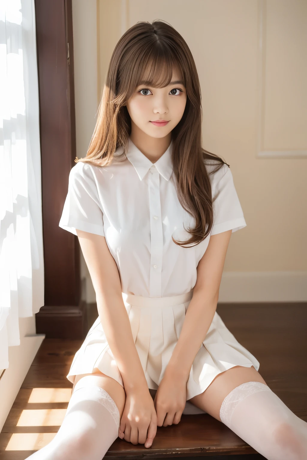 highest quality, ８ｋ, Professional Lighting, Very cute girl, ,   Cute face, (Detailed face, Fair skin, light makeup, Young face), Natural look , (Closed lips, Thin eyebrows, Thin eyebrows, Delicate eyelashes), Brown Hair, (bangs, Medium Hair, Shiny Hair), delicate, (Large Breasts, ),White Uniform, (Uniform white shirt, Short sleeve, Pleated skirt, White Stockings), Sunshine from the window, White wall, Embarrassed expression