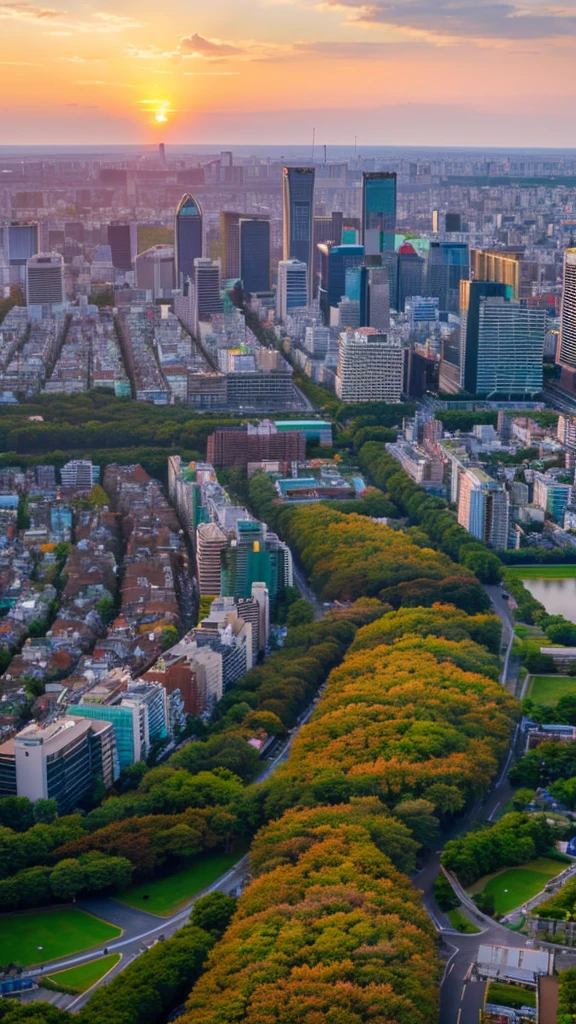 a view of a city with tall buildings and a green park, a picture by Naondo Nakamura, unsplash, sōsaku made, tokyo japan, arafed view of a field of flowers with a sunset in the background, floral sunset, warm beautiful scene, beautiful sunrise, flowers sea everywhere, sunset warm spring, beautiful sunset, magnificent background, vibrant sunrise, beautiful sunset glow, breathtaking landscape, stunning sunset, field of flowers, at sunrise in springtime, sunset glow, beautiful sunrise lighting, flower field, sunset sunrise tokyo city, tokyo city in the background, tokio, tokyo, japanese city, tokyo prefecture, new tokyo, aerial view of a city, tokyo in the background, bird's eye view of a city