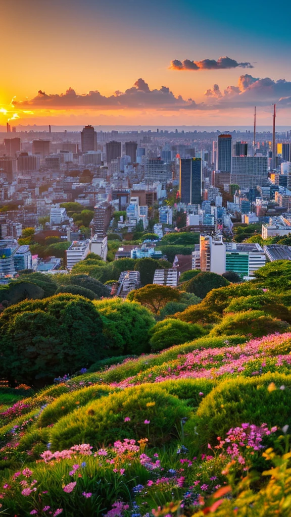 a view of a city with tall buildings and a green park, a picture by Naondo Nakamura, unsplash, sōsaku made, tokyo japan, arafed view of a field of flowers with a sunset in the background, floral sunset, warm beautiful scene, beautiful sunrise, flowers sea everywhere, sunset warm spring, beautiful sunset, magnificent background, vibrant sunrise, beautiful sunset glow, breathtaking landscape, stunning sunset, field of flowers, at sunrise in springtime, sunset glow, beautiful sunrise lighting, flower field, sunset sunrise tokyo city, tokyo city in the background, tokio, tokyo, japanese city, tokyo prefecture, new tokyo, aerial view of a city, tokyo in the background, bird's eye view of a city